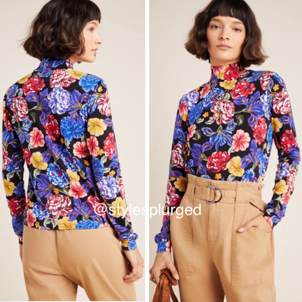 NWT ANTHRO Floral Knit Mock Neck Top size medium - Picture 2 of 6